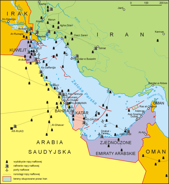 Mapa polityczna regionu Zatoki Perskiej z zaznaczonymi miejscami wydobycia i przetwarzania ropy naftowej