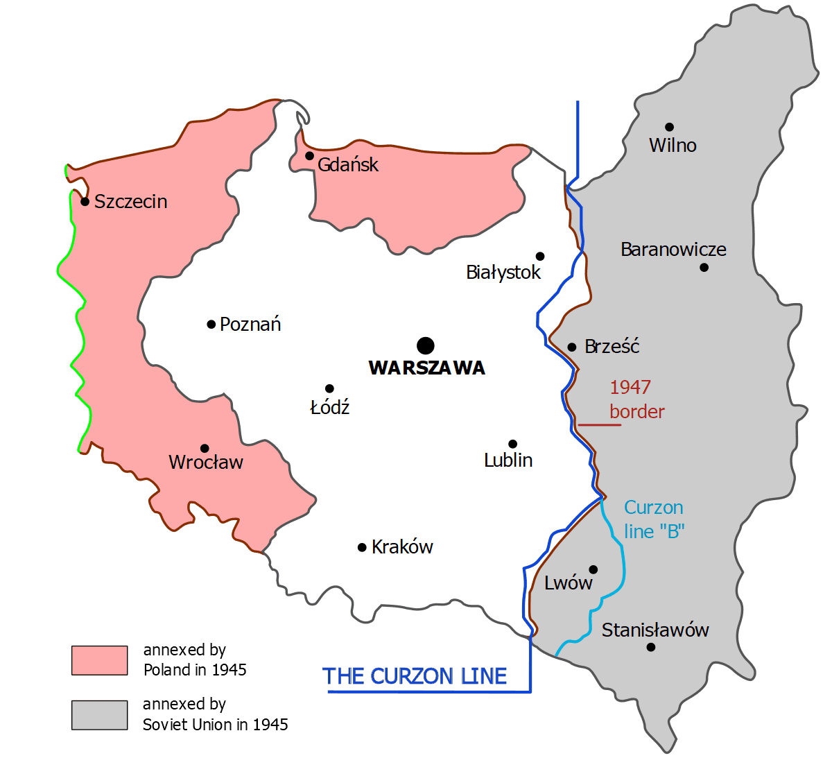 Konturowa mapa Polski z zaznaczonymi granicami współczesnymi oraz sprzed drugiej wojny światowej, z widocznymi obszarami utraconymi i zyskanymi w jej wyniku. Ponadto zaznaczono dwa warianty linii Curzona.