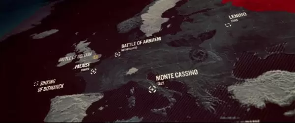 Kadr z filmu „Niezwyciężeni”, na którym widoczna jest mapa Europy z zaznaczonymi miejscami niektórych bitew II wojny światowej, w których wzięli udział Polscy żołnierze.